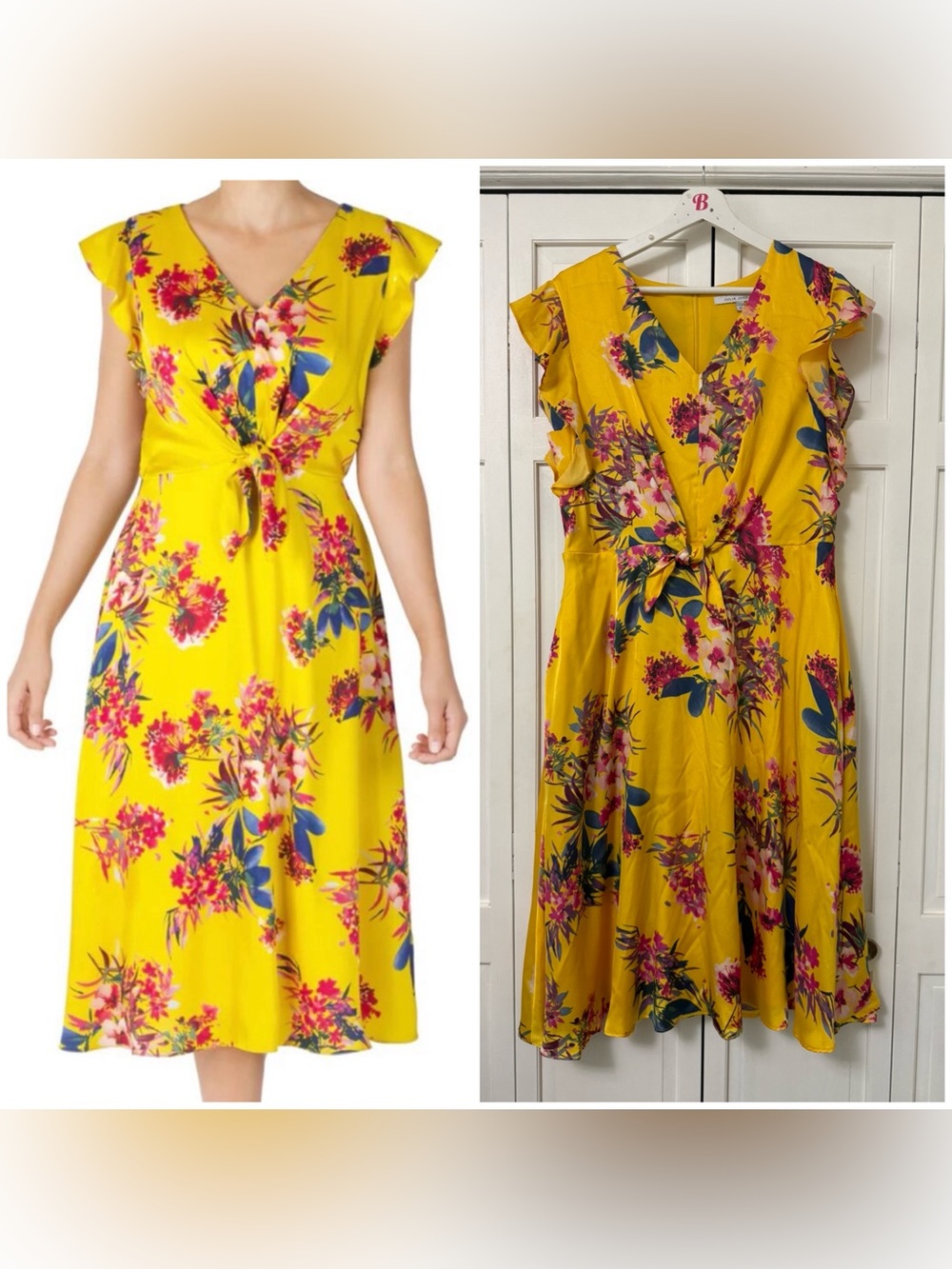 Julia Jordan Yellow Floral Dress Size 12 Flutter Sleeve French Twill Midi